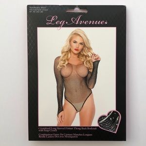 Crystallized Long Sleeved Fishnet Thong Bodysuit One Size